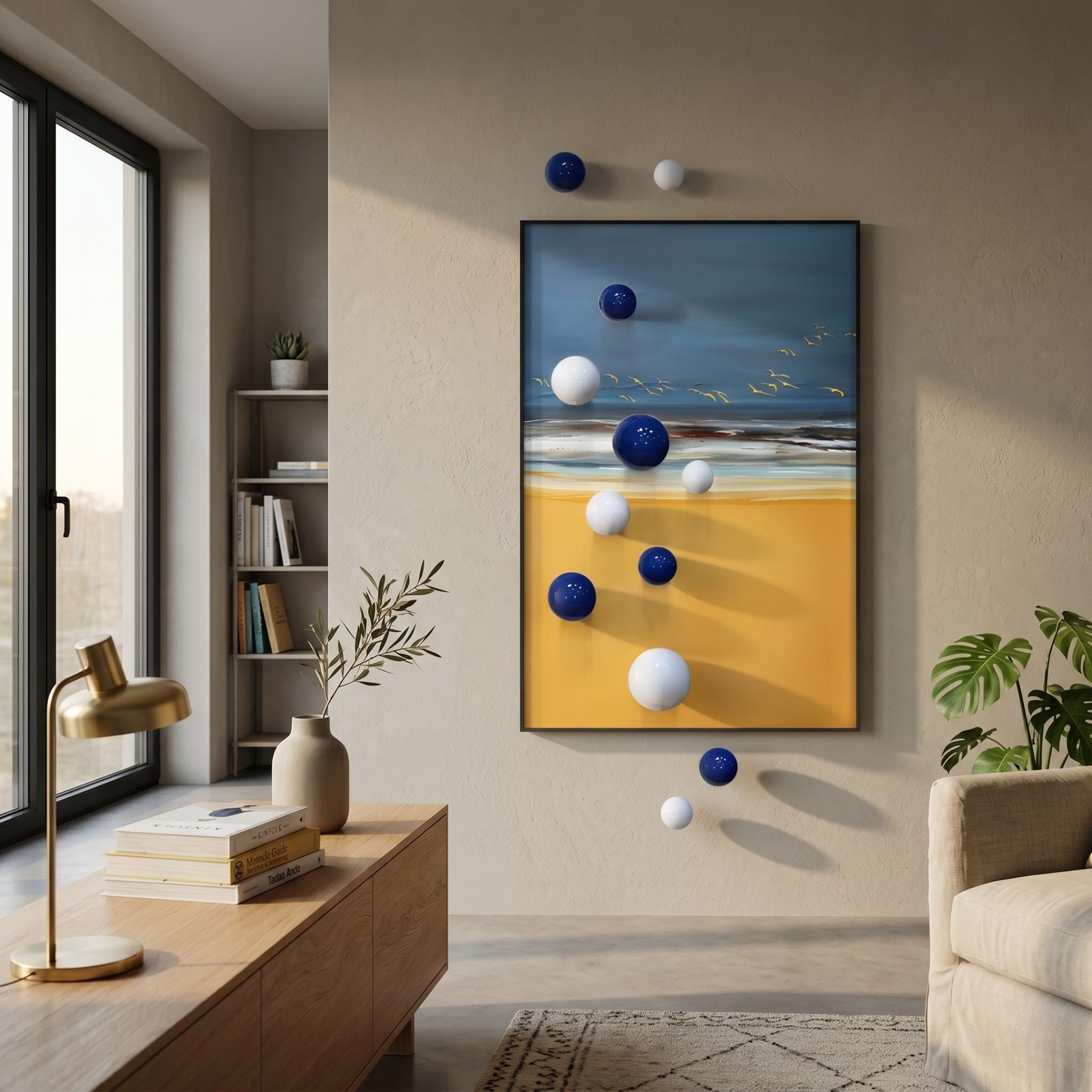 Aerisphere Coastal Horizon Vertical 3D Wall Art with blue and white metal balls floating around a beach scene, displayed in a modern living room.
