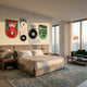 Groovepost Bloom & Summer Vinyl Record 5-Panel Wall Art by Giant Sculptures displayed above a beige upholstered bed, featuring red floral, white whale, black typographic, and green tropical panels with vinyl records.