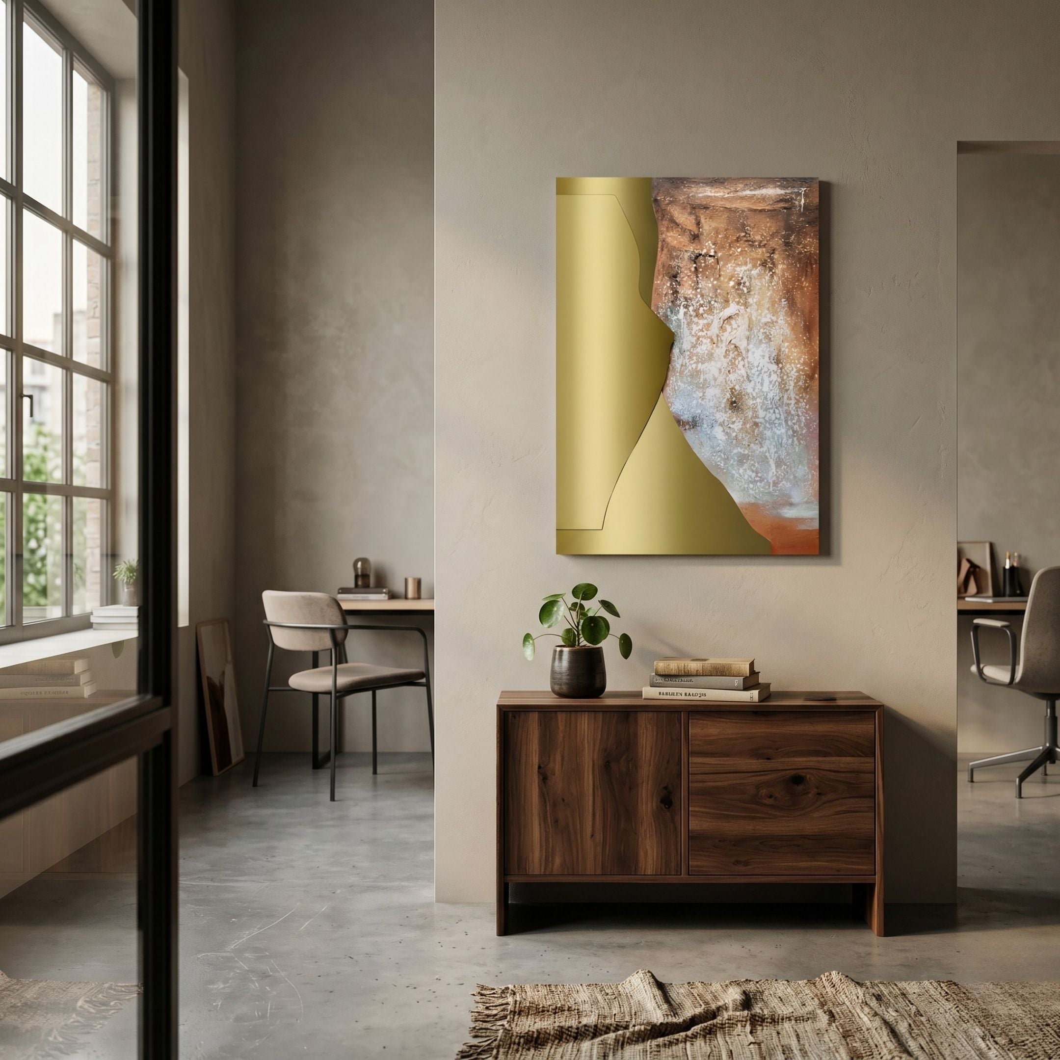Aurivara Gold Metal & Earth Textured Abstract 3D Wall Art by Giant Sculptures, mounted above a walnut sideboard with a potted plant in a modern home office.