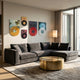 Vinylscape Colour Pop Records 5-Panel Wall Art by Giant Sculptures displayed in a living room above a dark grey velvet sectional sofa, featuring colourful vinyl records paired with printed canvases.