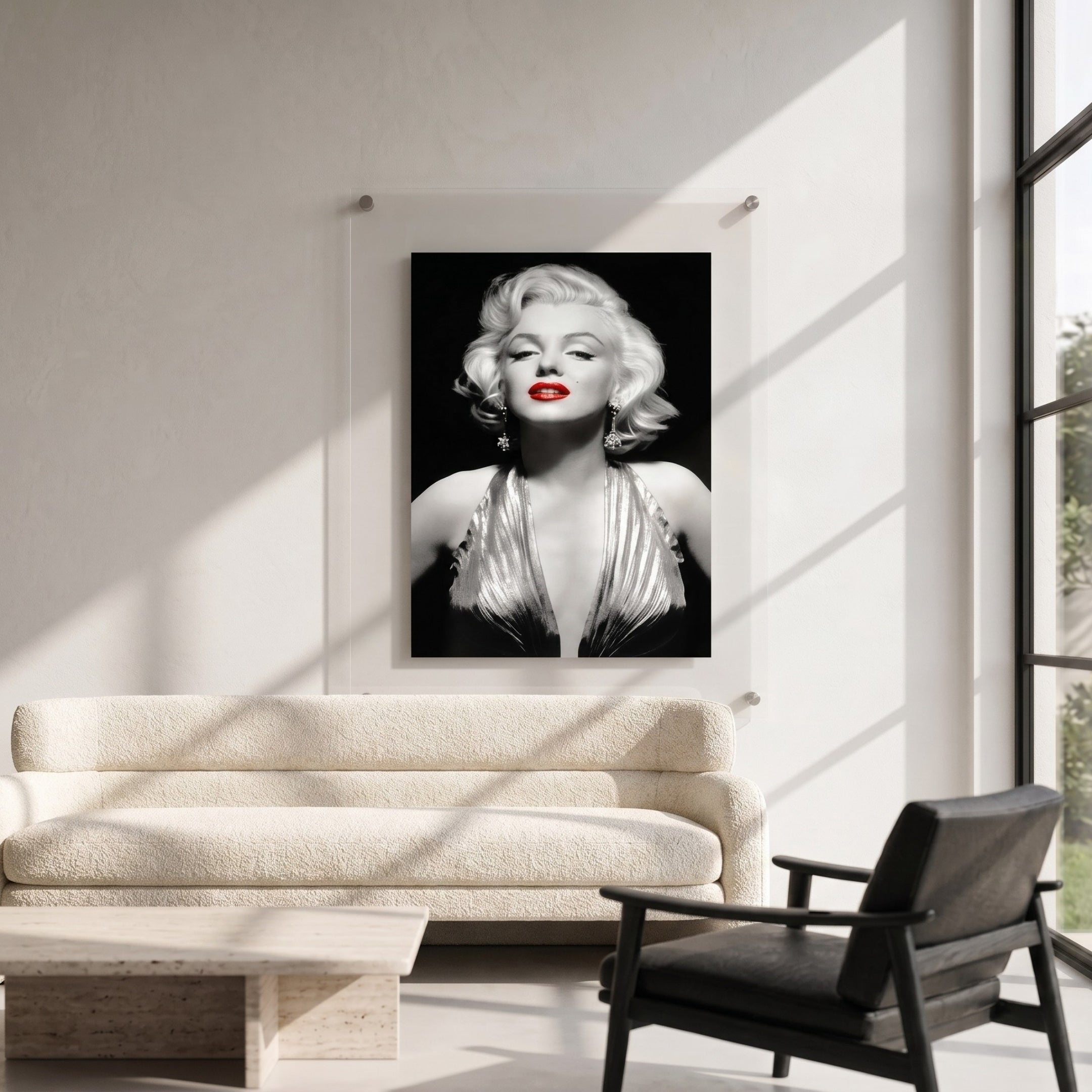 CineLuxe Modern Muse Black & White Fashion Portrait Wall Art by Giant Sculptures displayed on acrylic panel with red lip accent, mounted above a cream sofa in a sunlit modern living room.