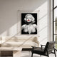 CineLuxe Modern Muse Black & White Fashion Portrait Wall Art by Giant Sculptures displayed on acrylic panel with red lip accent, mounted above a cream sofa in a sunlit modern living room.