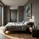 Lentari Blue & Teal Gradient Wood Carving 3D Wall Art by Giant Sculptures mounted above a grey linen bed in a modern bedroom with oak floors and plaster walls.