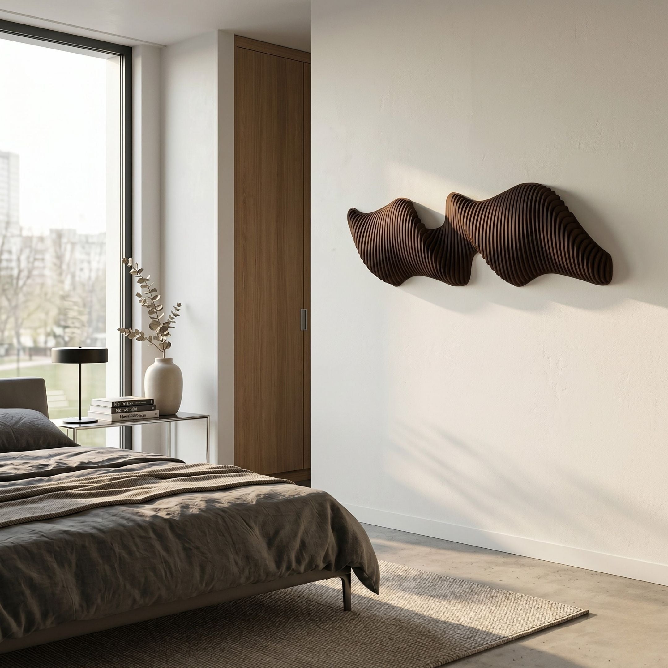 Aeravox Dark Brown Waveform Sculptural 3D Wall Art with layered timber slats mounted on a white bedroom wall above a bed with charcoal linens.