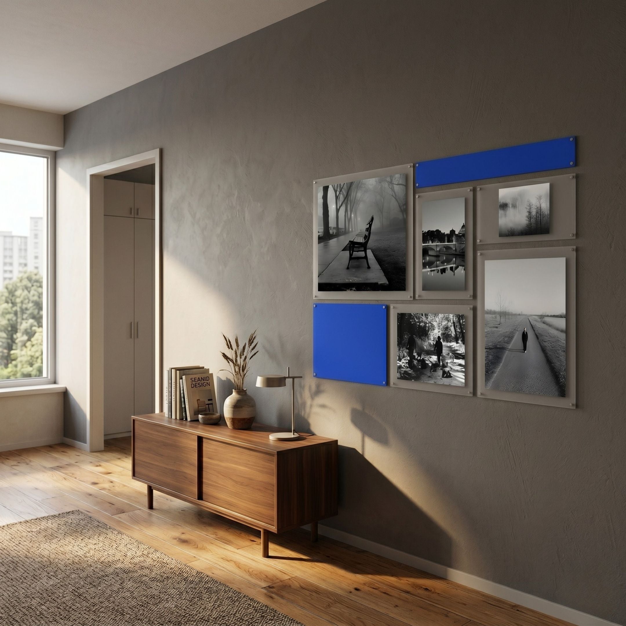 Framegrid Blue Mixed-Size Gallery 7-Set Acrylic Wall Art by Giant Sculptures, with black-and-white landscape panels and blue color blocks above a walnut sideboard.