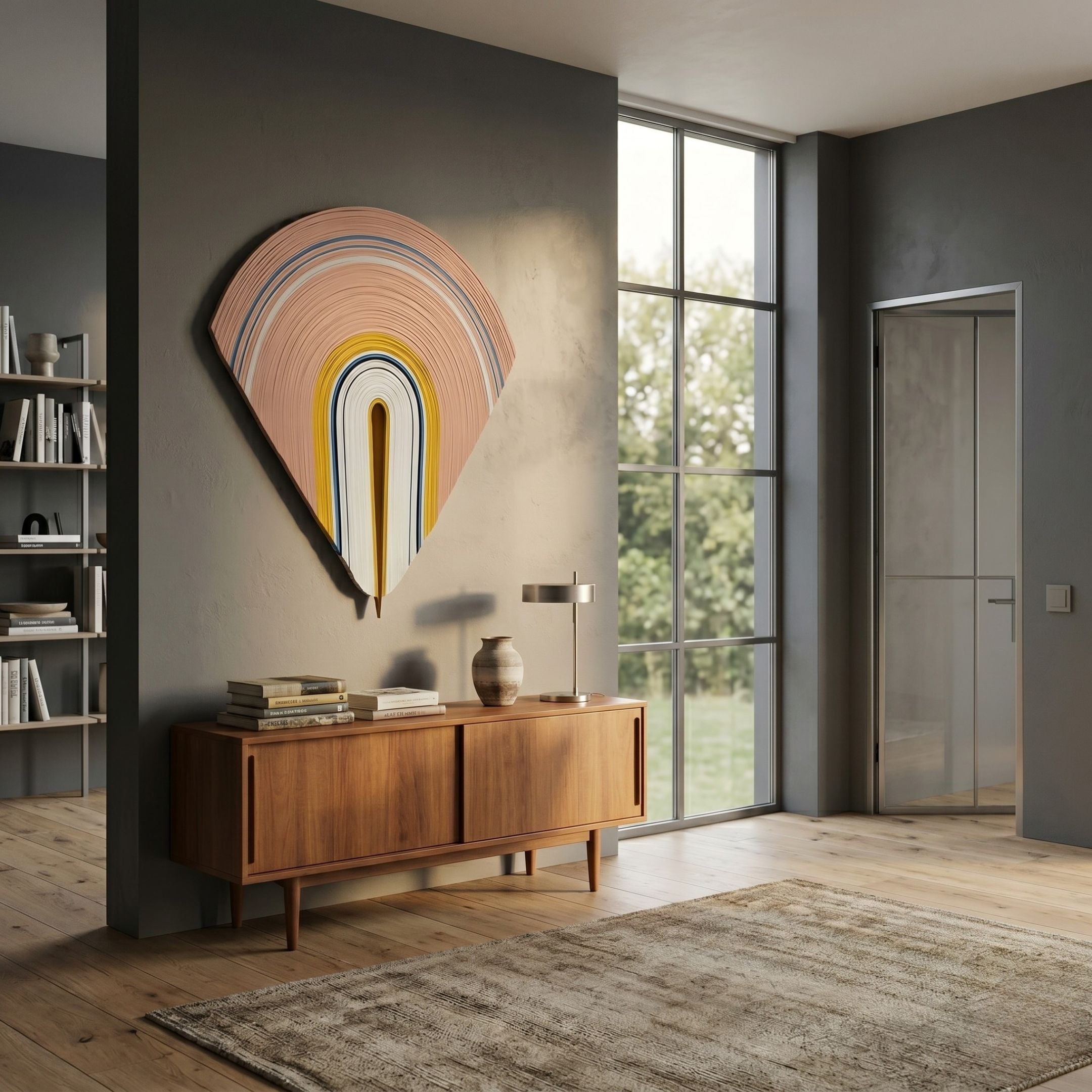 Arclune Coral & Gold Arc Sculptural Felt 3D Wall Art mounted above a mid-century walnut sideboard in a modern grey-walled room with tall windows.