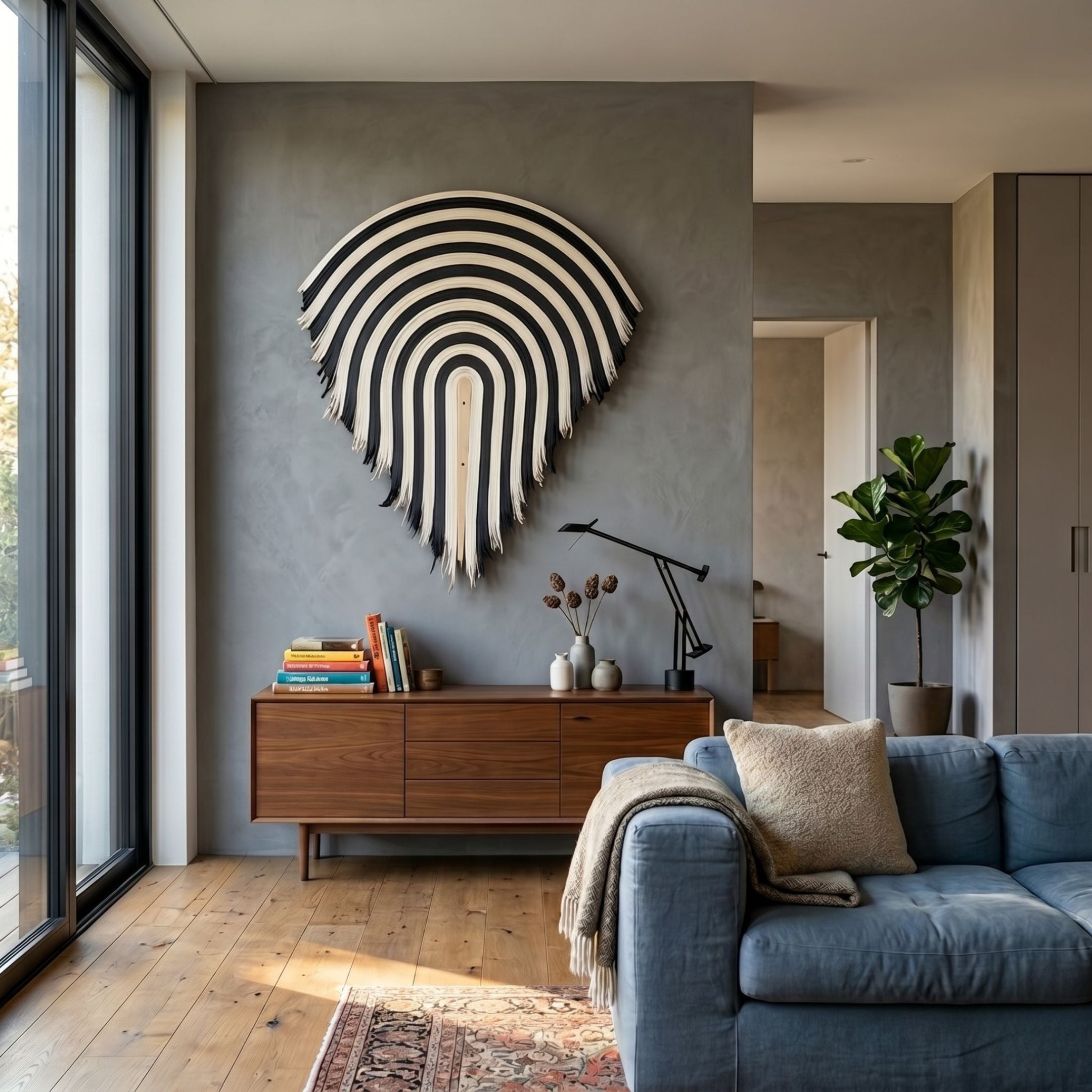 Arclune Black & White Stripe Sculptural Felt 3D Wall Art by Giant Sculptures mounted above a walnut sideboard in a modern living room with a blue sofa.