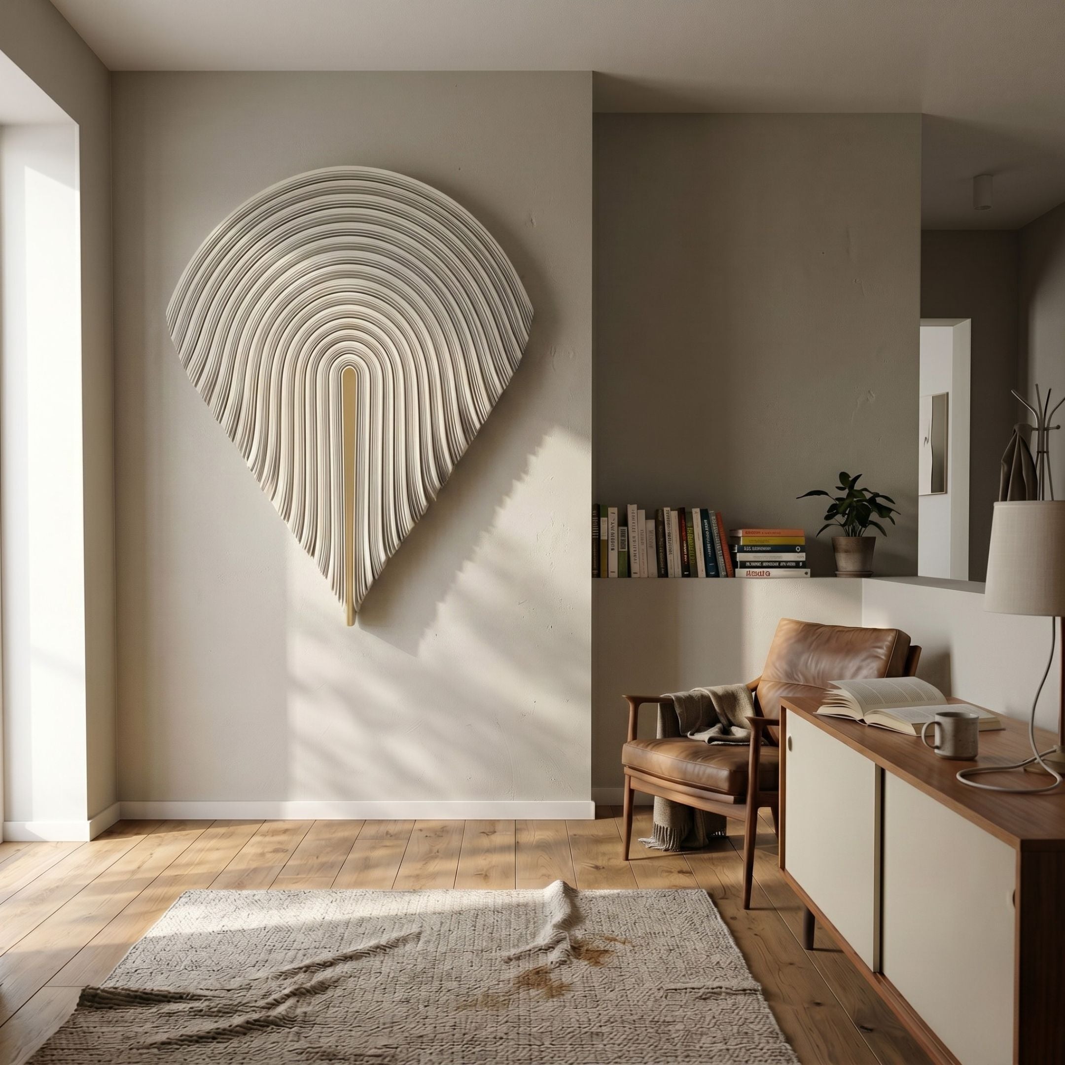 Arclune Ivory Fold Sculptural Felt 3D Wall Art by Giant Sculptures mounted above a leather armchair and bookshelf in a warm minimalist living room.