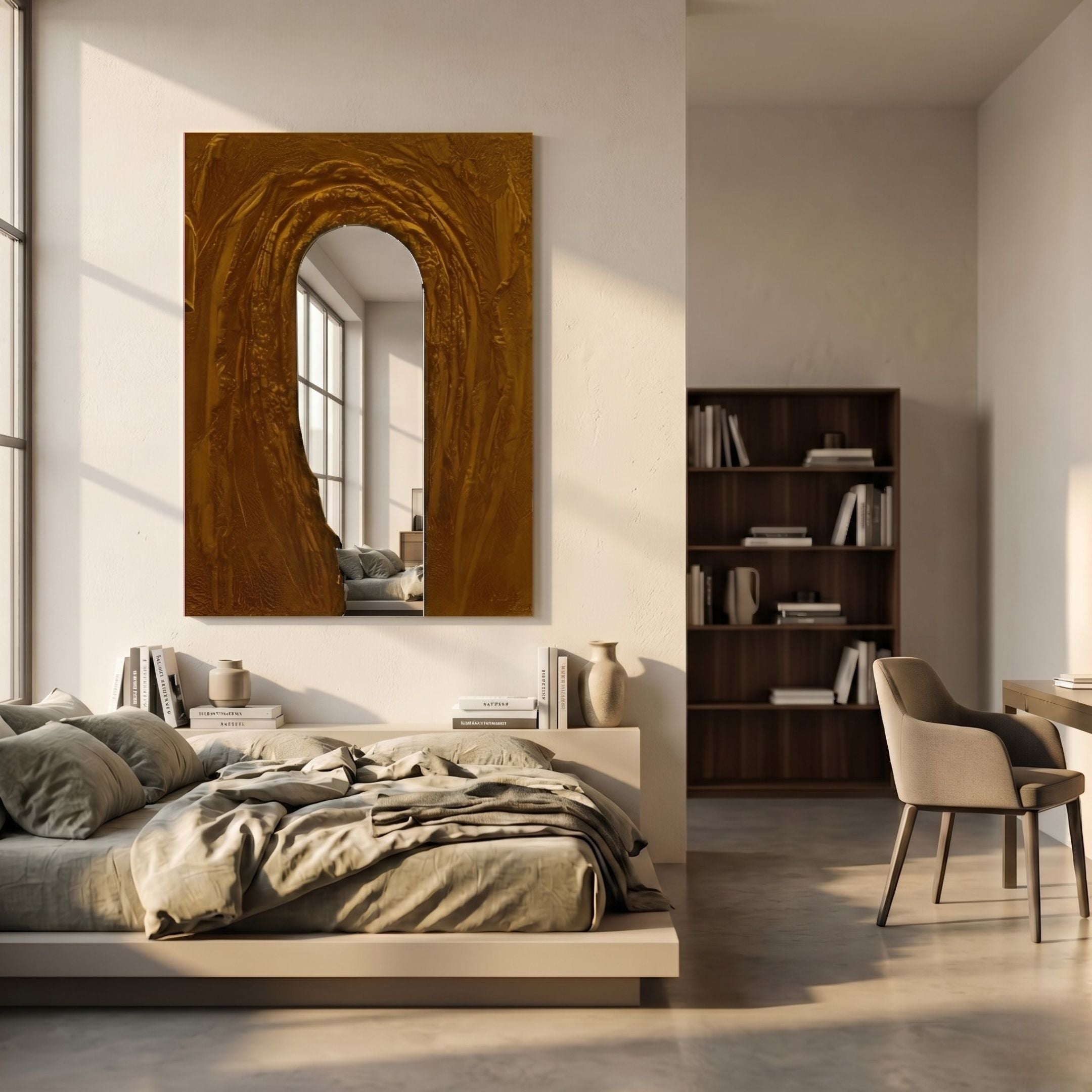 Arclunor Bronze Arch Relief Mirror 3D Wall Art by Giant Sculptures mounted above a low platform bed in a sunlit bedroom with a dark bookshelf nearby.
