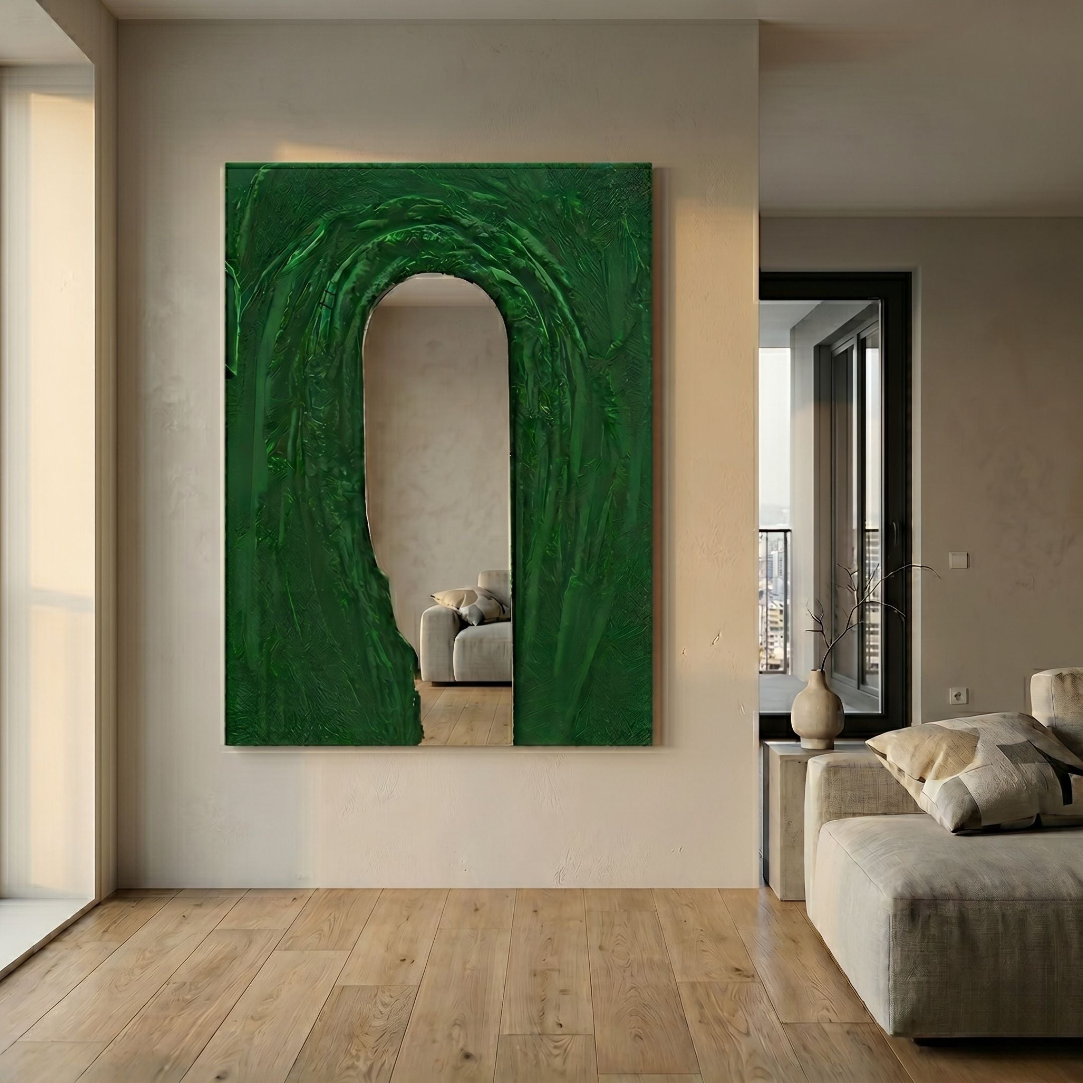 Arclunor Forest Green Arch Relief Mirror 3D Wall Art displayed on a cream wall in a modern living room with oak floors and a beige sofa.