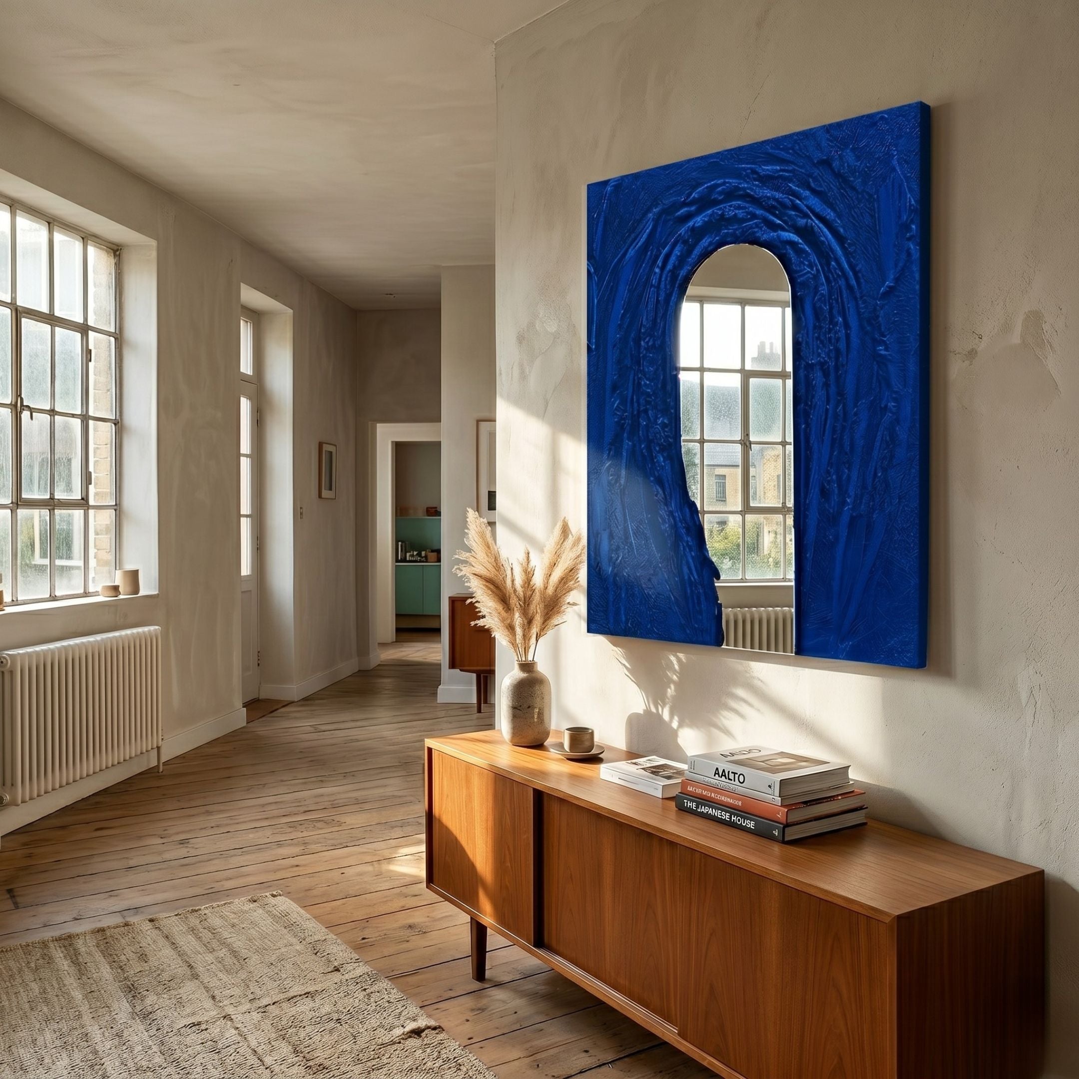 Arclunor Cobalt Blue Arch Relief Mirror 3D Wall Art by Giant Sculptures hung above a mid-century teak sideboard in a sunlit hallway with wooden floors.
