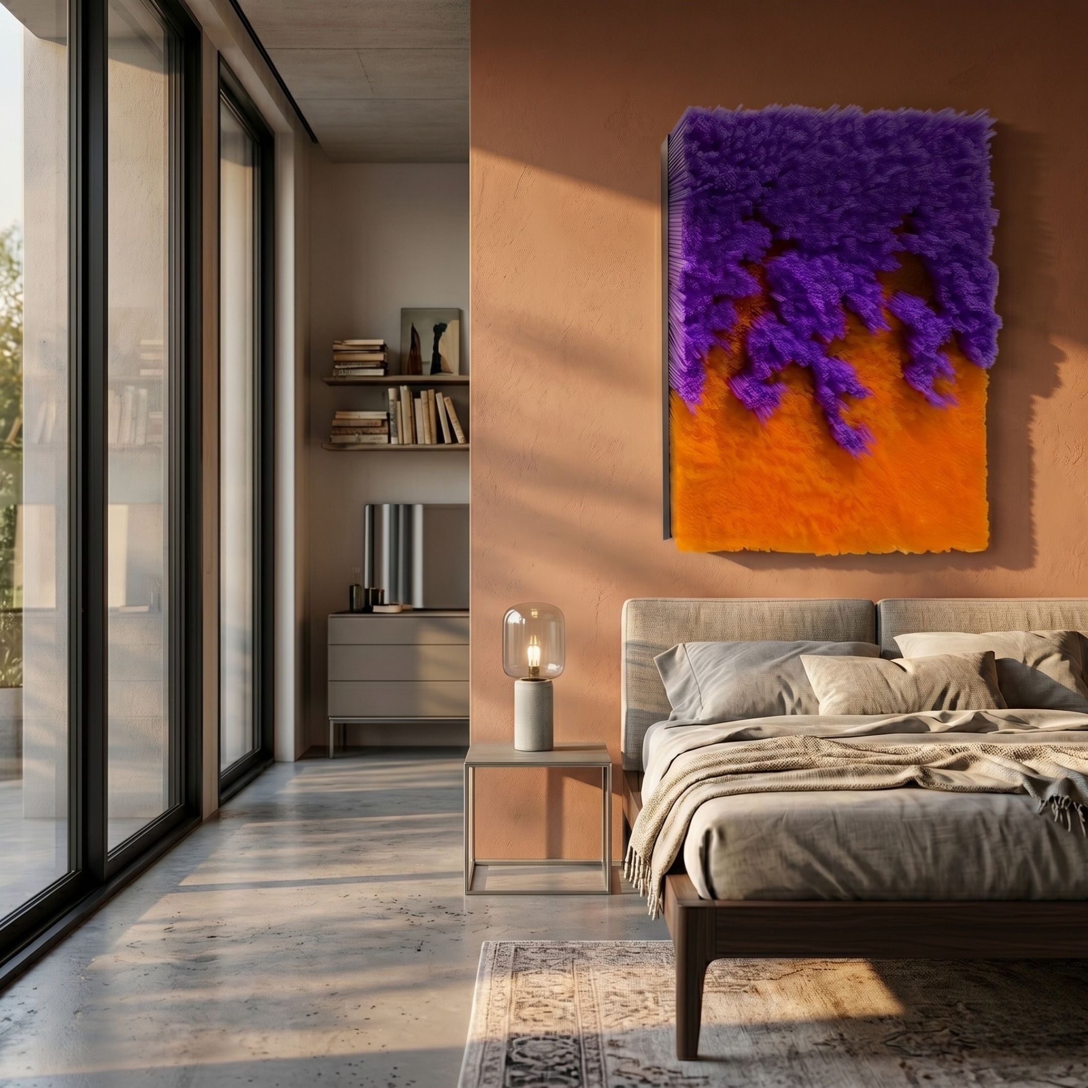 Chromavolt Violet & Amber Straw 3D Wall Art by Giant Sculptures mounted on a terracotta wall above a bed with grey linens in a sunlit modern bedroom.