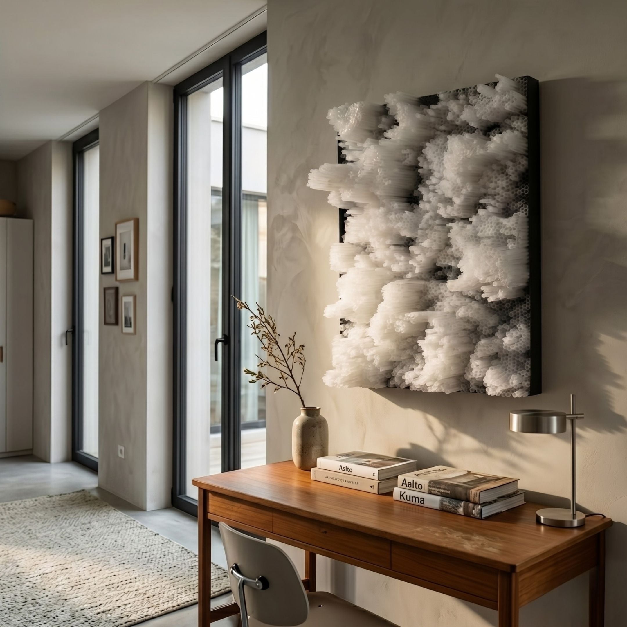 Chromavolt Frosted White Cluster Straw 3D Wall Art mounted above a wooden desk with books, vase, and lamp in a sunlit modern hallway.
