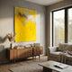 Chromavolt Yellow Surge Straw 3D Wall Art by Giant Sculptures displayed above a walnut sideboard in a modern living room with pampas grass and a beige sofa.