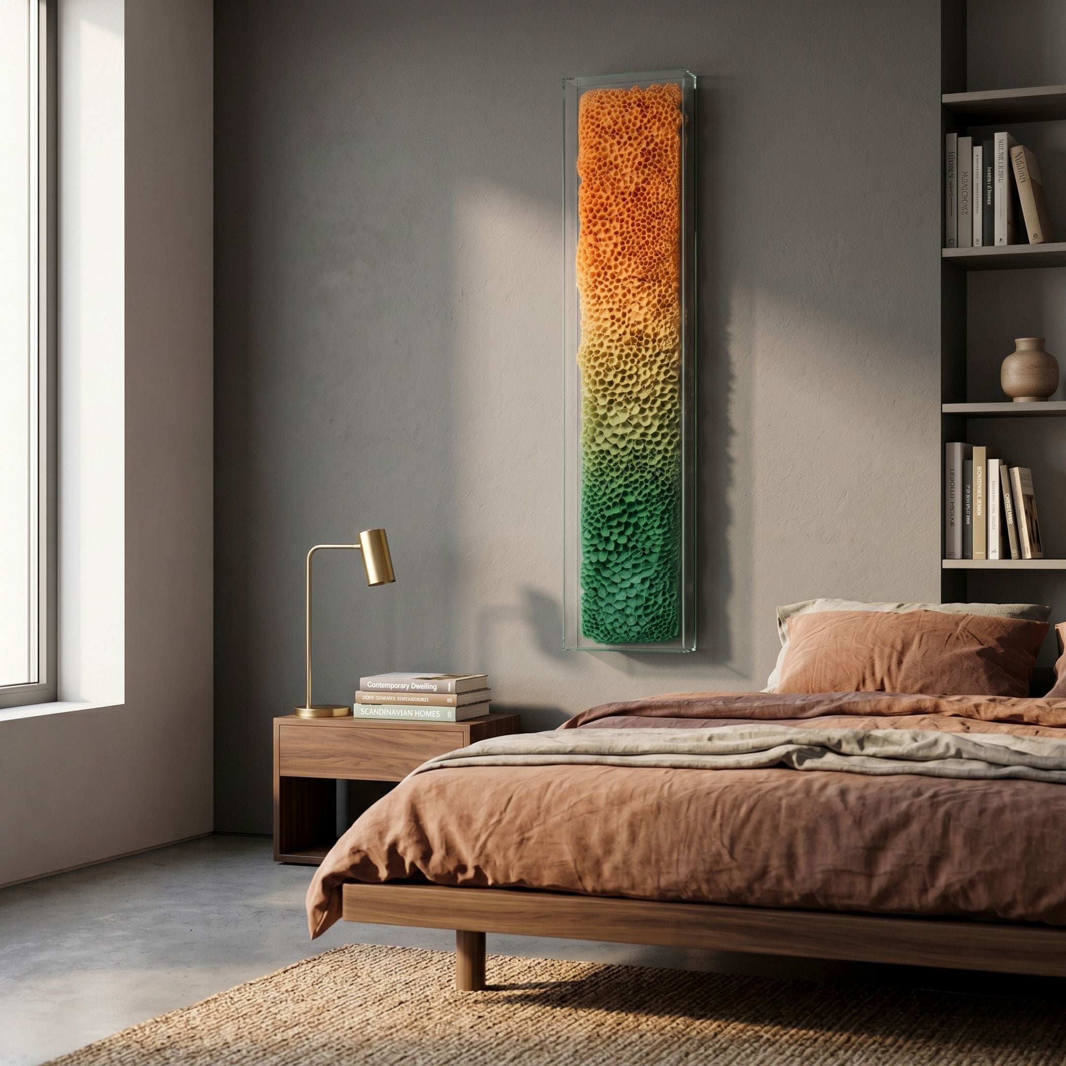 Aeraline Amber Green Vertical Gradient Leather 3D Wall Art by Giant Sculptures displayed in a modern bedroom above a walnut nightstand and brass lamp.