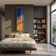 Aeraline Sunset Blue Vertical Gradient Leather 3D Wall Art mounted above a wooden bed in a modern bedroom, with bubble-textured surface fading from blue to orange.