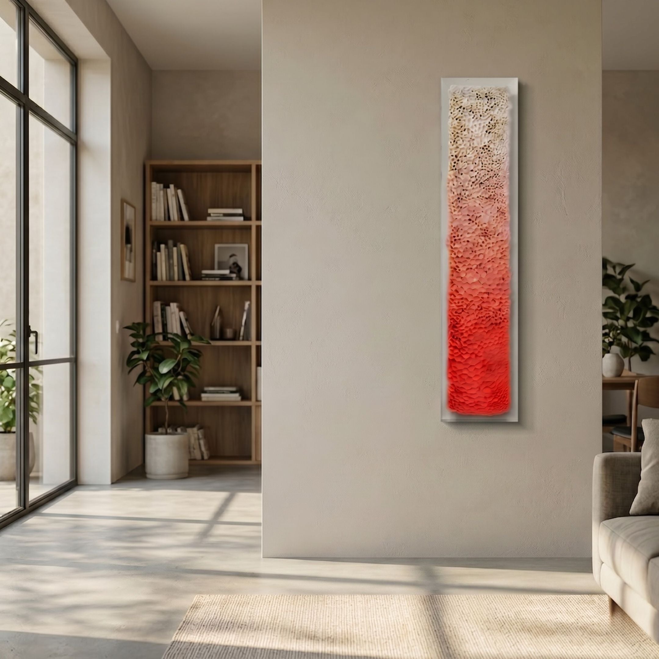 Aeraline Coral Bloom Vertical Gradient Leather 3D Wall Art mounted on a beige wall in a sunlit living room with a bookshelf and sofa nearby.