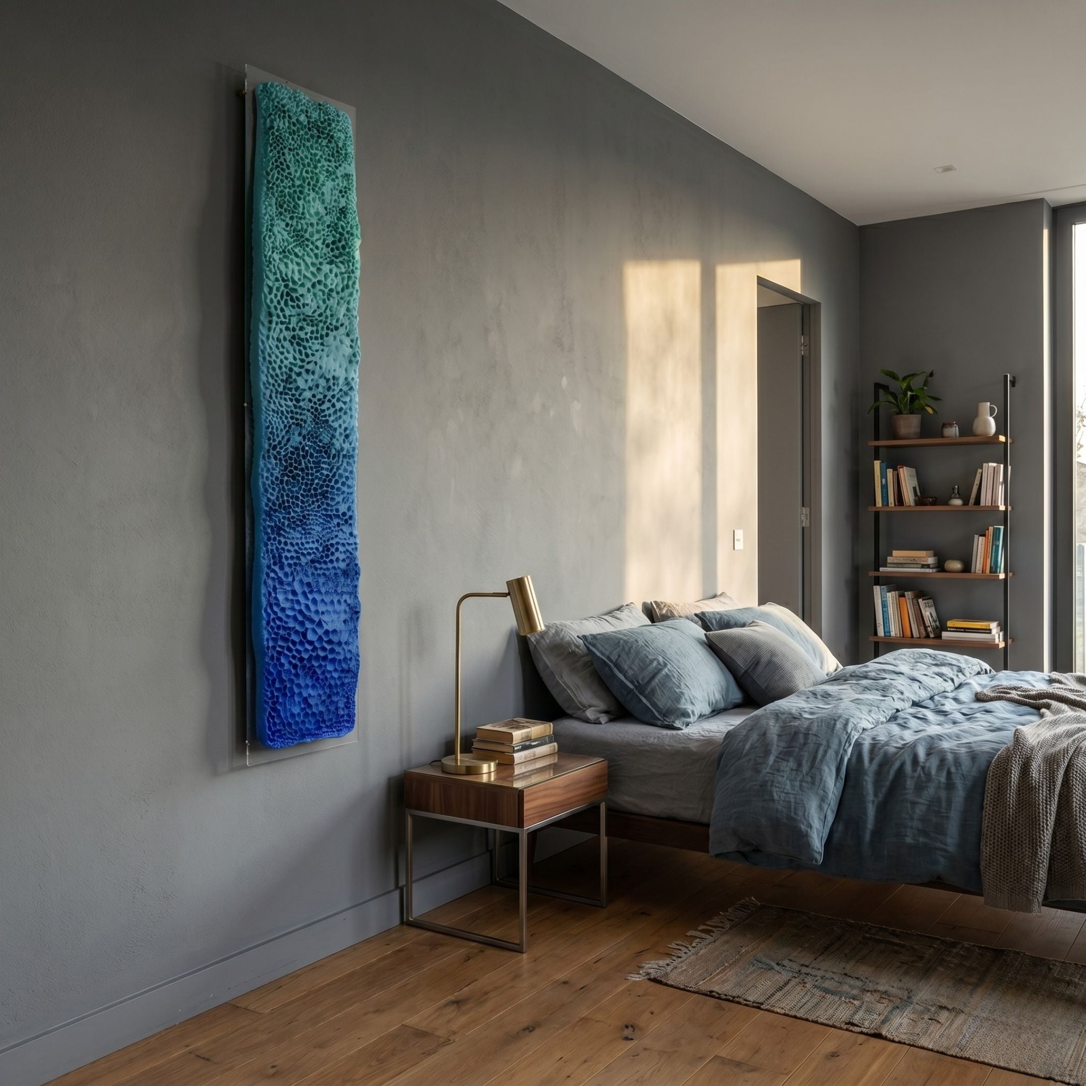 Aeraline Aqua Blue Vertical Gradient Leather 3D Wall Art by Giant Sculptures, mounted on a grey bedroom wall beside a blue-linen bed, walnut nightstand, and bookshelf.