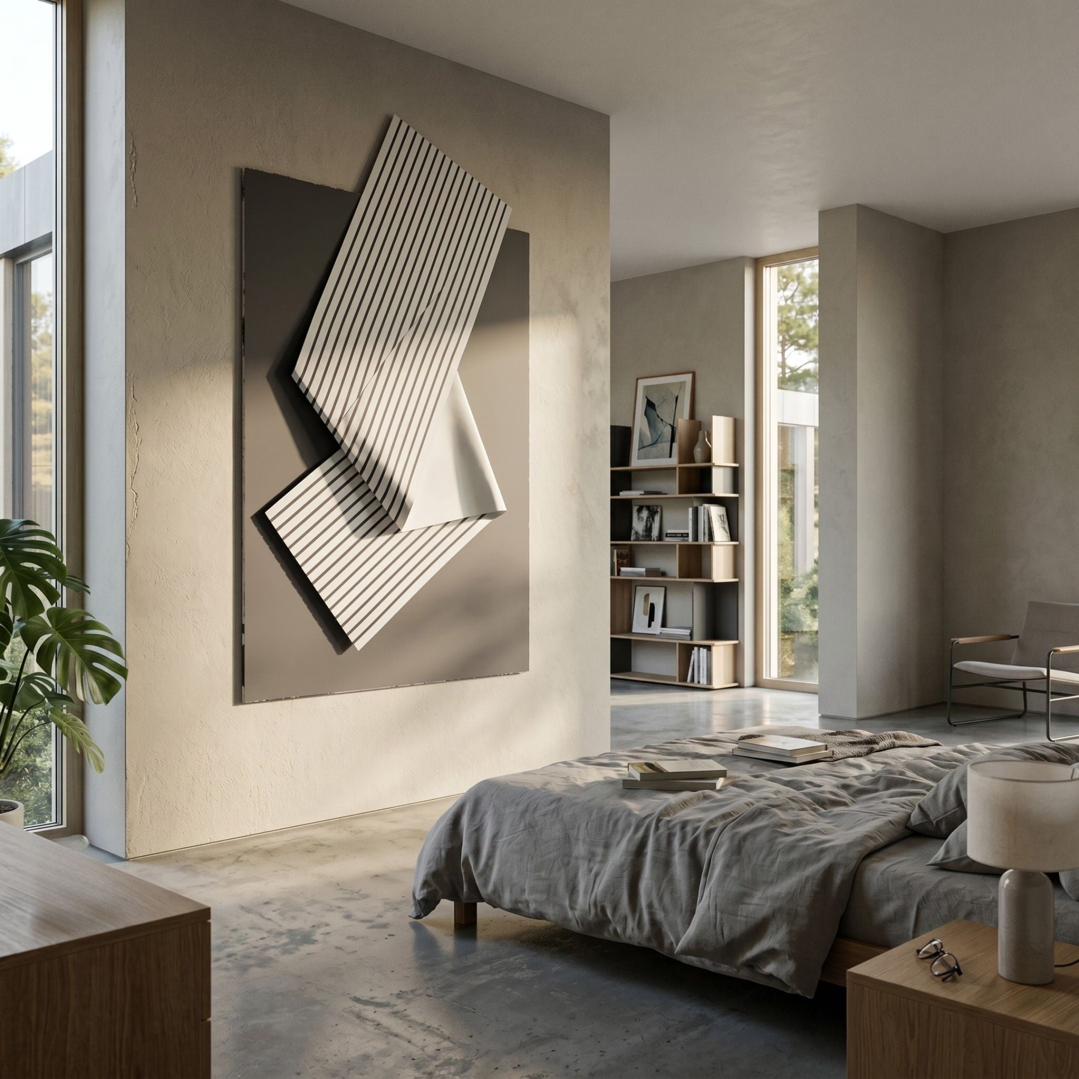 Arcluma Charcoal Stripe Fold Leather 3D Wall Art by Giant Sculptures, white leather with black stripes folded over a grey panel, mounted in a modern bedroom.