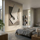 Arcluma Charcoal Stripe Fold Leather 3D Wall Art by Giant Sculptures, white leather with black stripes folded over a grey panel, mounted in a modern bedroom.