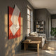 Arcluma Crimson Stripe Fold Leather 3D Wall Art by Giant Sculptures displayed on a grey wall above a linen sofa and wooden bench in a sunlit living room.