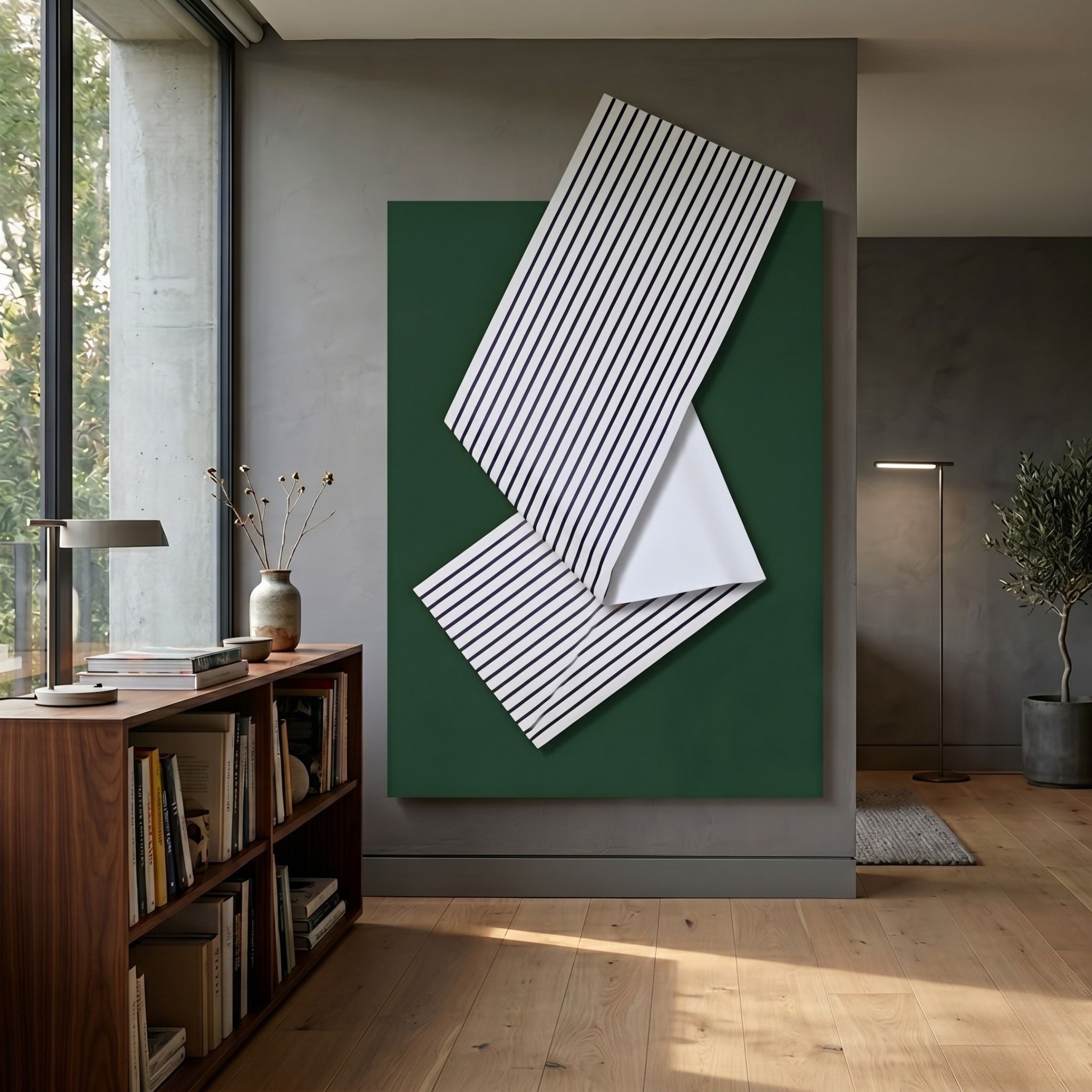 Arcluma Forest Green Stripe Fold Leather 3D Wall Art by Giant Sculptures displayed on a grey wall above a walnut bookshelf in a sunlit modern living room.