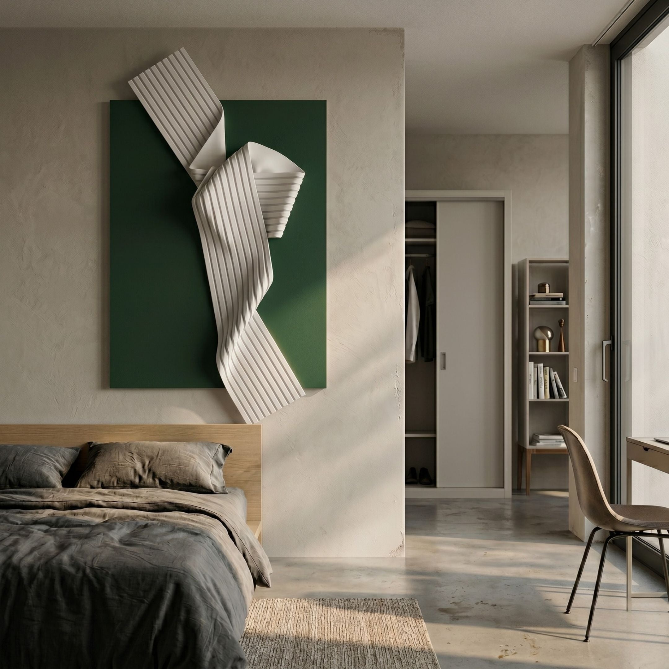 Arcluma Forest Green Folded Ribbon Leather 3D Wall Art mounted above a wooden bed with grey linens in a modern bedroom with concrete floors.