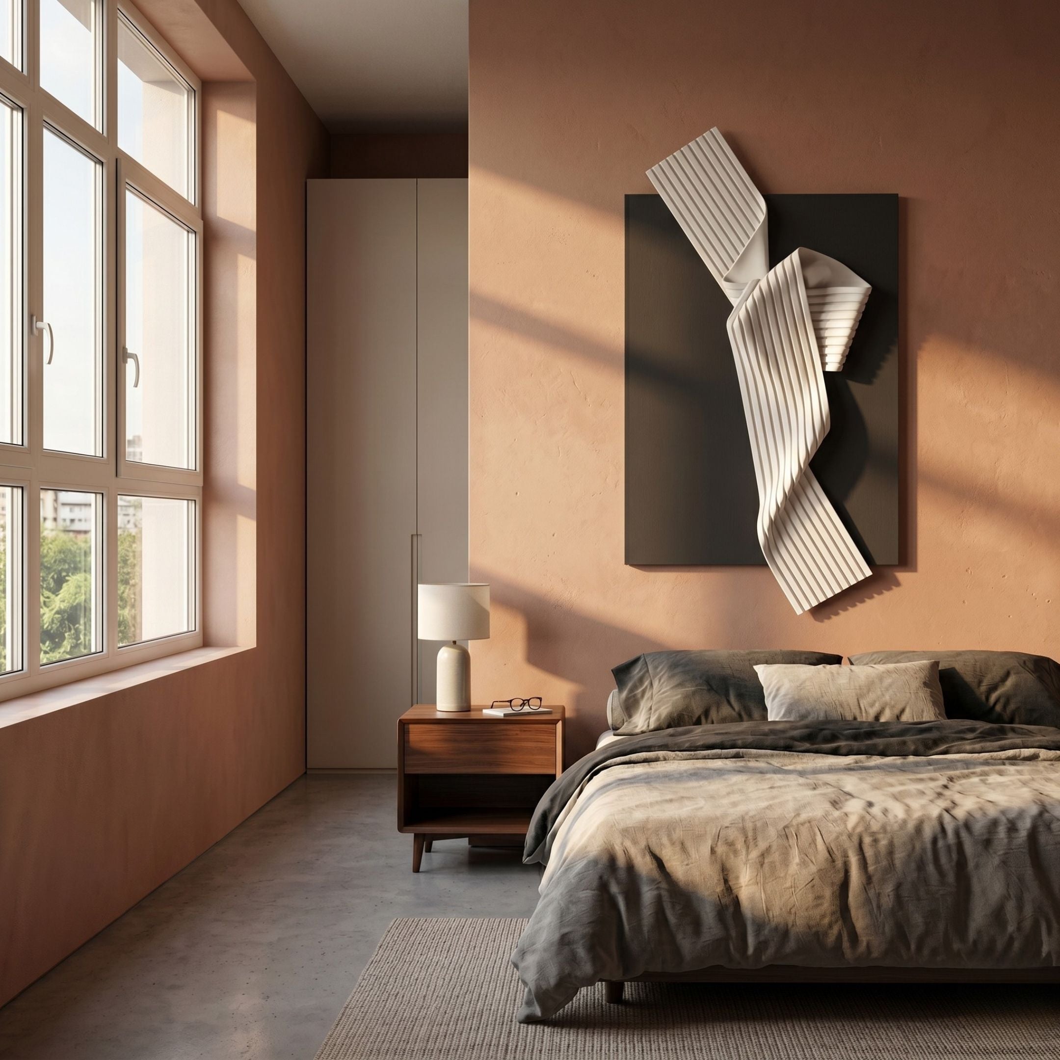 Arcluma Charcoal Folded Ribbon Leather 3D Wall Art by Giant Sculptures mounted above a walnut nightstand in a terracotta bedroom with linen-dressed bed.