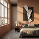 Arcluma Charcoal Folded Ribbon Leather 3D Wall Art by Giant Sculptures mounted above a walnut nightstand in a terracotta bedroom with linen-dressed bed.
