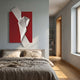 Arcluma Crimson Folded Ribbon Leather 3D Wall Art with white pleated diagonal fold on red panel, displayed above a linen bed in a minimalist bedroom.