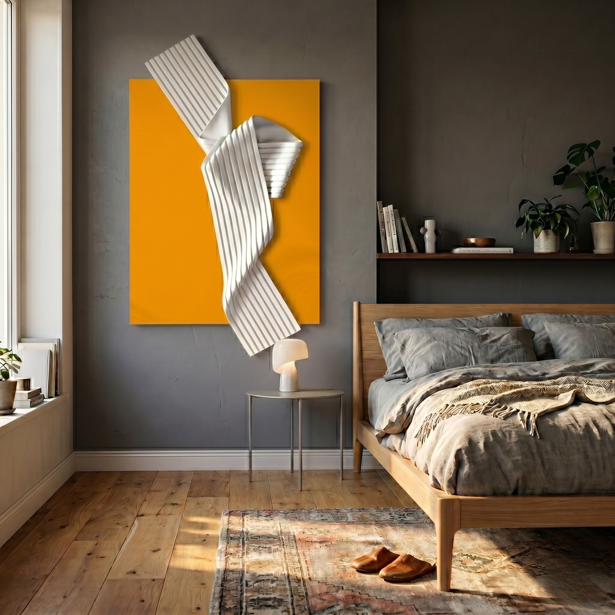 Arcluma Marigold Folded Ribbon Leather 3D Wall Art with white pleated ribbon on yellow panel, displayed above a nightstand in a grey bedroom.