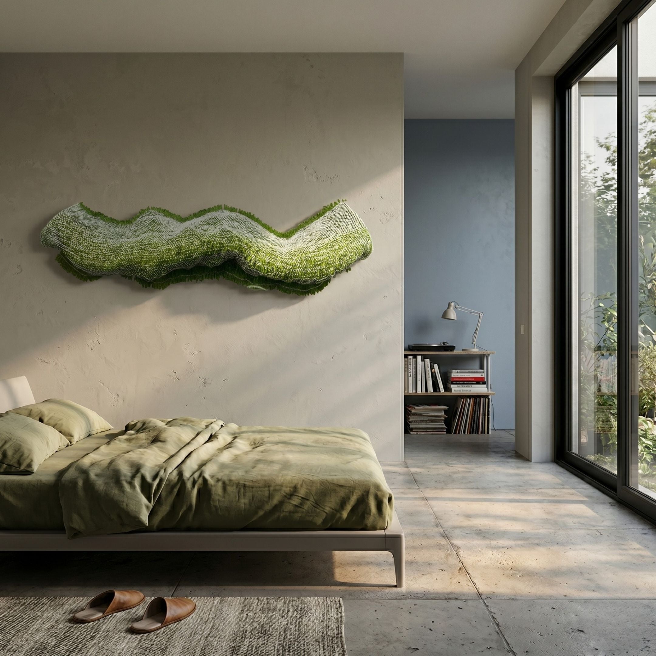 Lyronda Green Textured Woven 3D Wall Art by Giant Sculptures mounted above a low bed with olive linens in a sunlit modern bedroom with concrete floor.