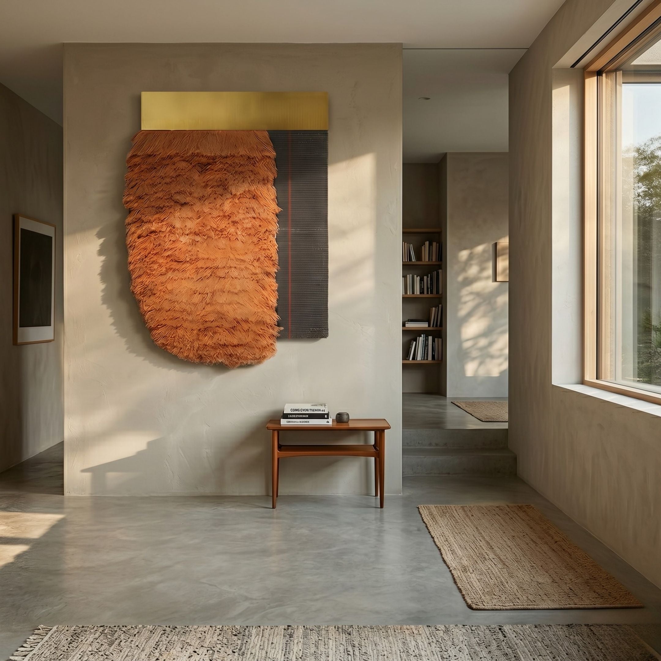 Halvoria Grey & Terracotta Fibre Panel 3D Wall Art by Giant Sculptures, with terracotta fibre, dark ribbed panel, and brass top, mounted in a sunlit hallway.