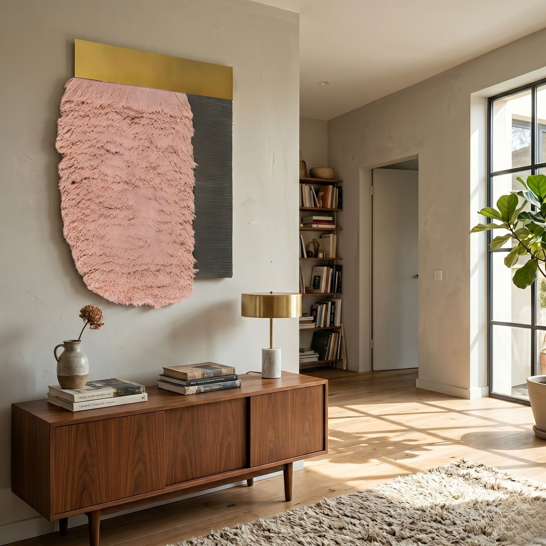 Halvoria Grey and Blush Fibre Panel 3D Wall Art with gold top band displayed above a walnut sideboard in a sunlit hallway with bookshelf.