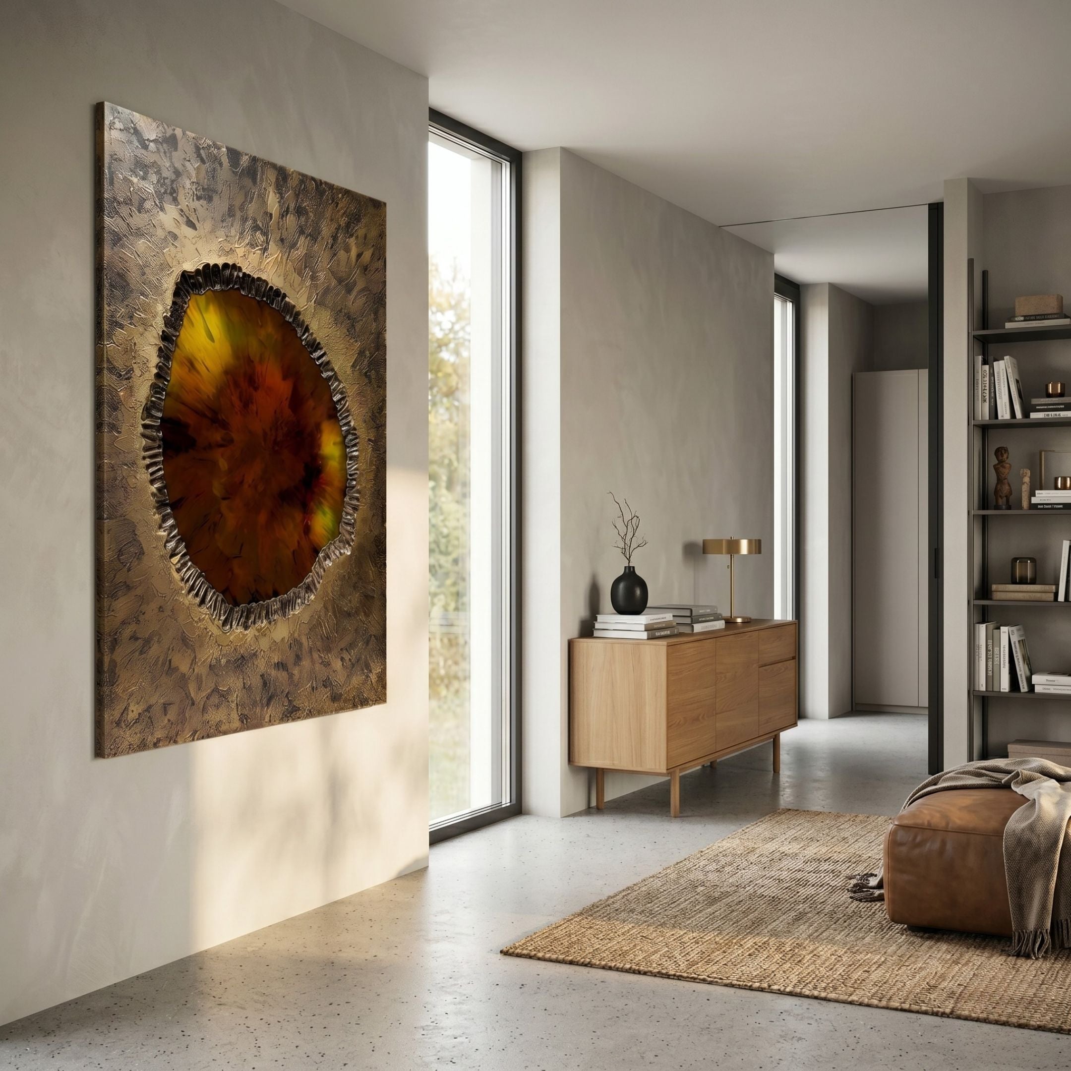 Vorthera Ember Glow Textured Gold 3D Wall Art by Giant Sculptures displayed in a modern hallway with wooden sideboard, leather pouf, and bookshelf.