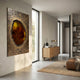 Vorthera Ember Glow Textured Gold 3D Wall Art by Giant Sculptures displayed in a modern hallway with wooden sideboard, leather pouf, and bookshelf.