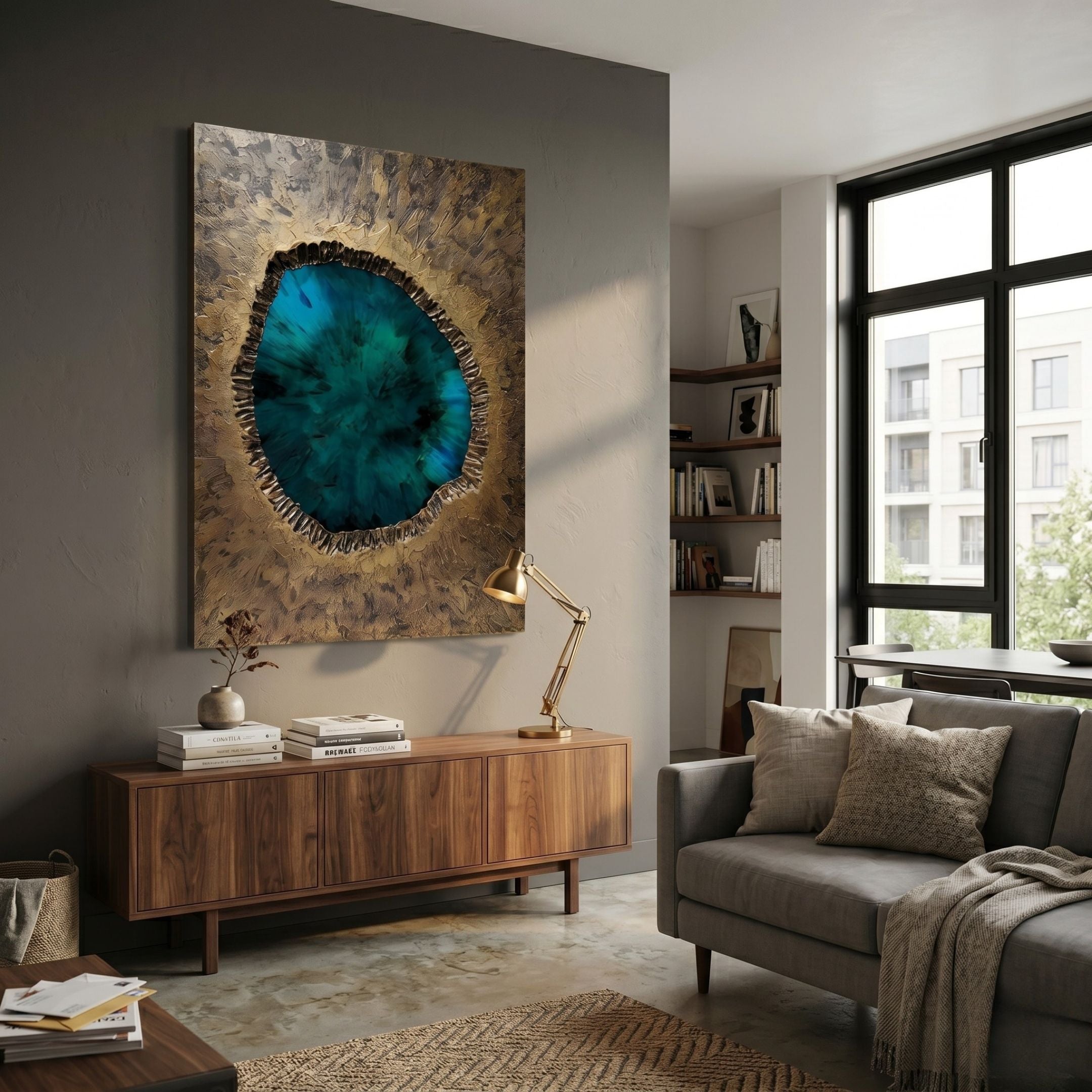 Vorthera Emerald Burst Textured Gold 3D Wall Art by Giant Sculptures displayed above a walnut sideboard with brass lamp in a modern living room.