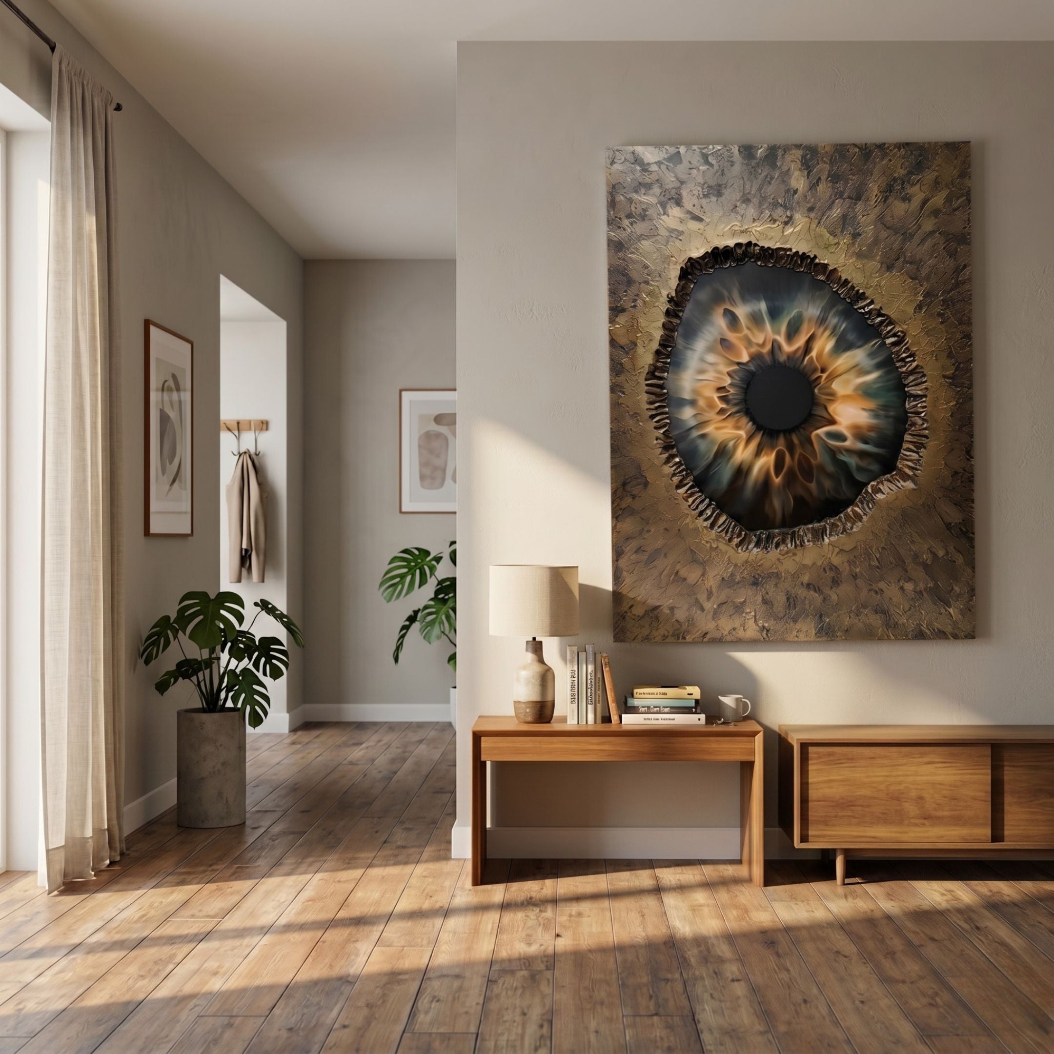 Vorthera Amber Flame Textured Gold 3D Wall Art by Giant Sculptures mounted above a wooden console in a sunlit hallway with monstera plant and lamp.