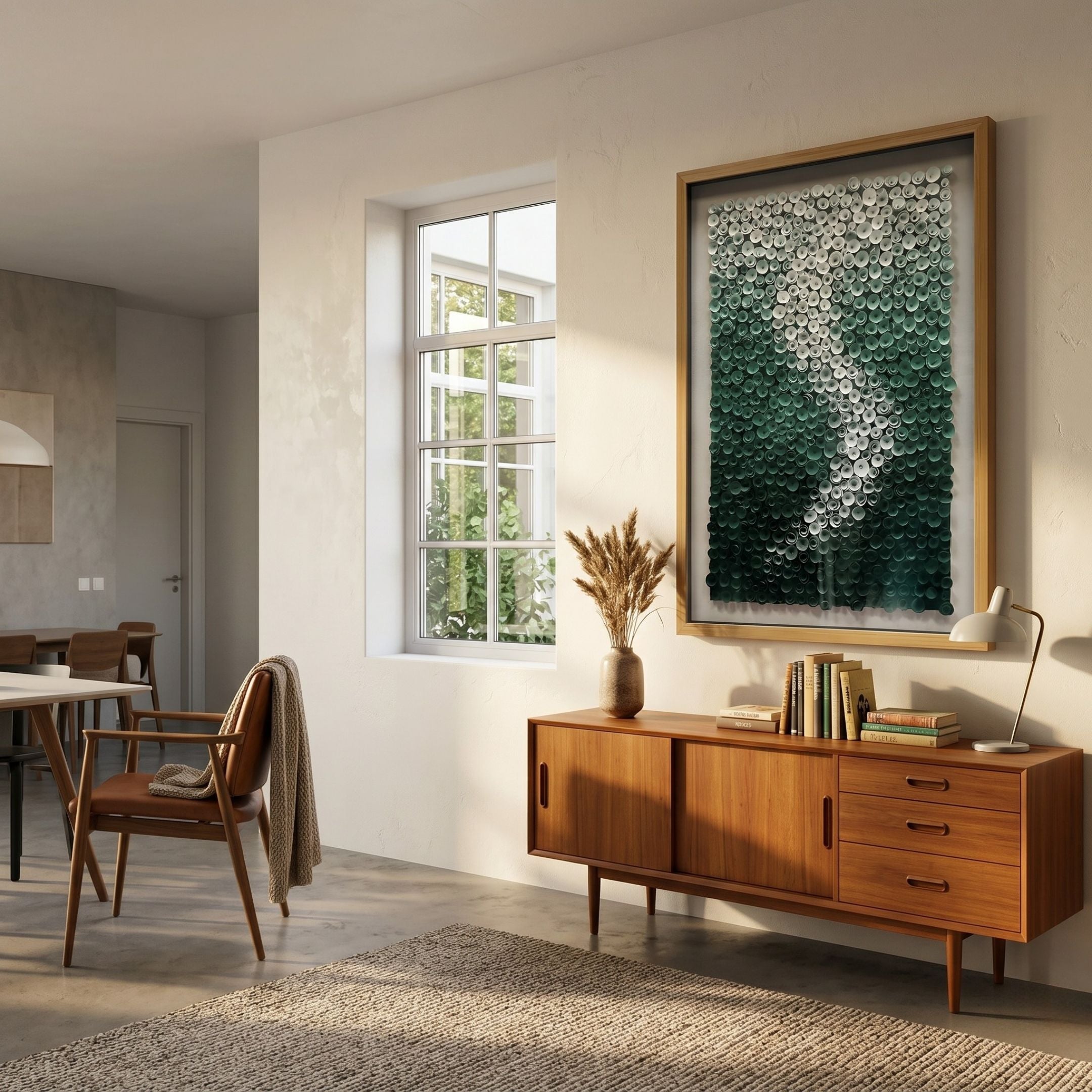 Spiravale Green Gradient Floral Curl 3D Wall Art by Giant Sculptures in a wood frame above a teak sideboard, beside a window in a sunlit dining room.