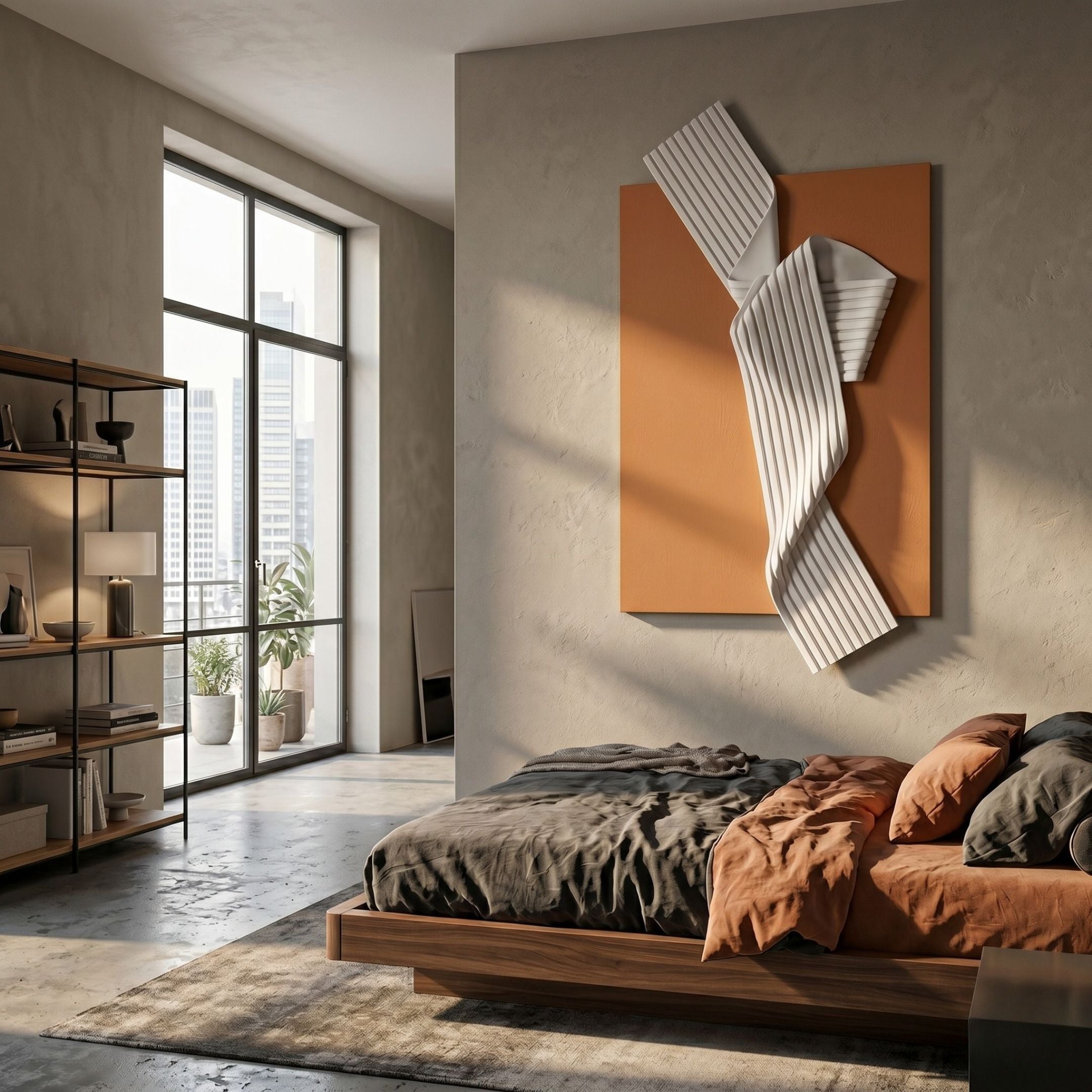 Arcluma Amber Folded Ribbon Leather 3D Wall Art by Giant Sculptures displayed above a wooden bed in a modern bedroom with concrete walls and city-view window.
