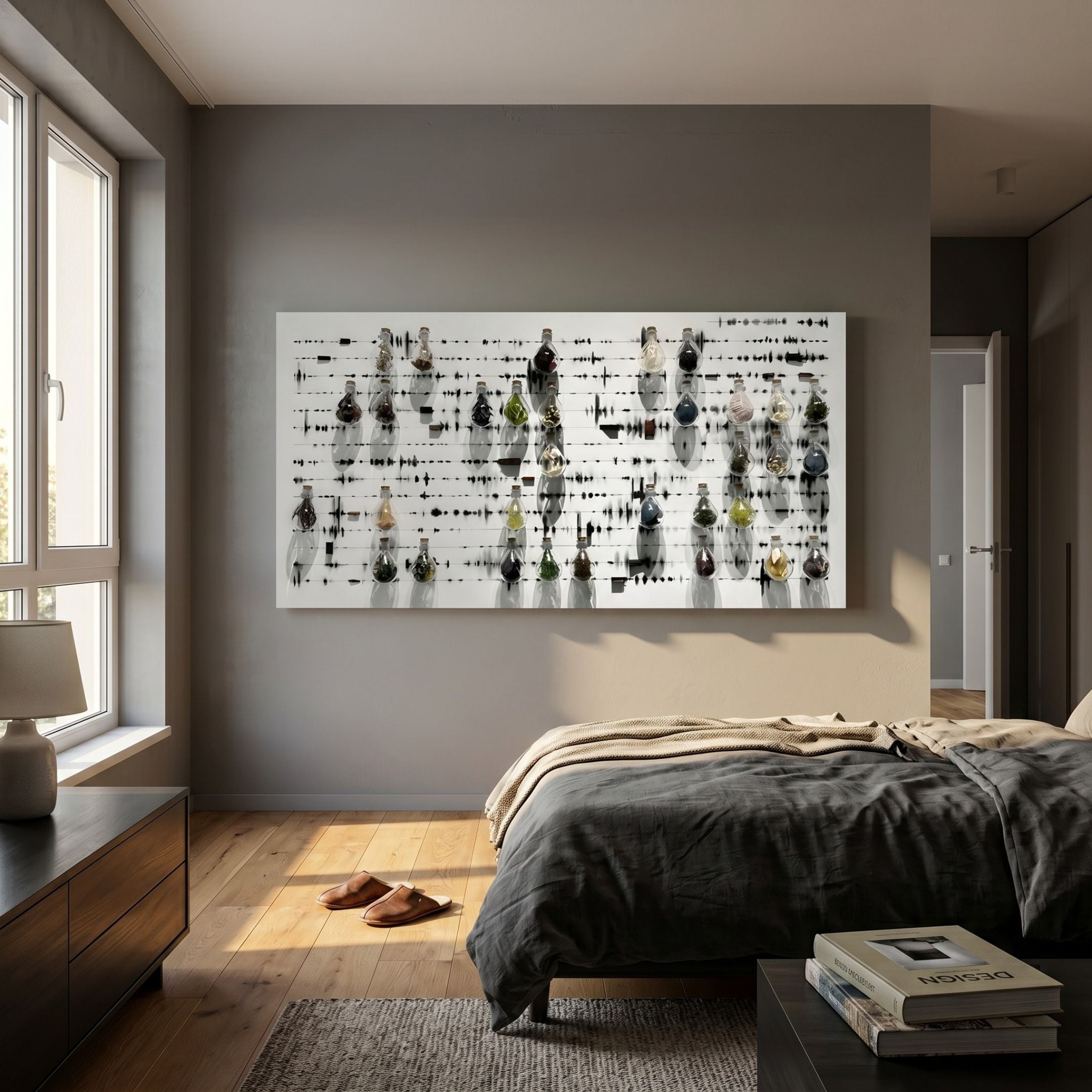 Archivelle Multi-Specimen Glass Bottle 3D Wall Art by Giant Sculptures mounted above a bed in a modern bedroom with grey walls and wood flooring.