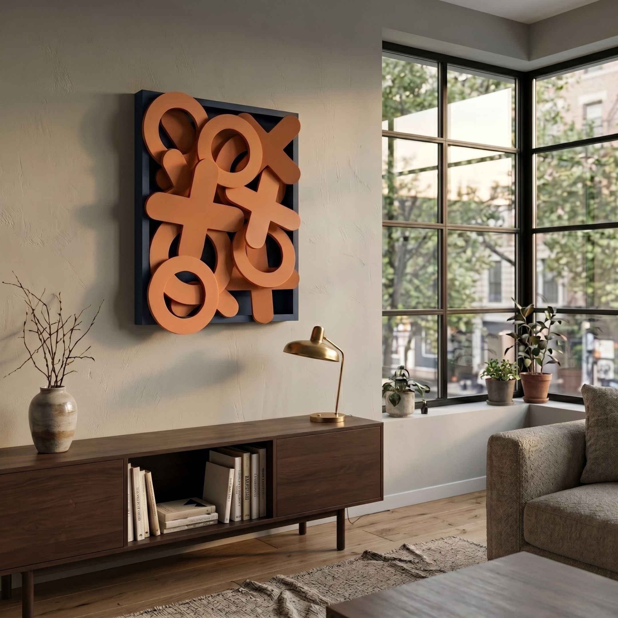 Typova Burnt Orange X&O Wood Carving 3D Wall Art mounted above a walnut sideboard in a modern living room with a brass lamp and large window.