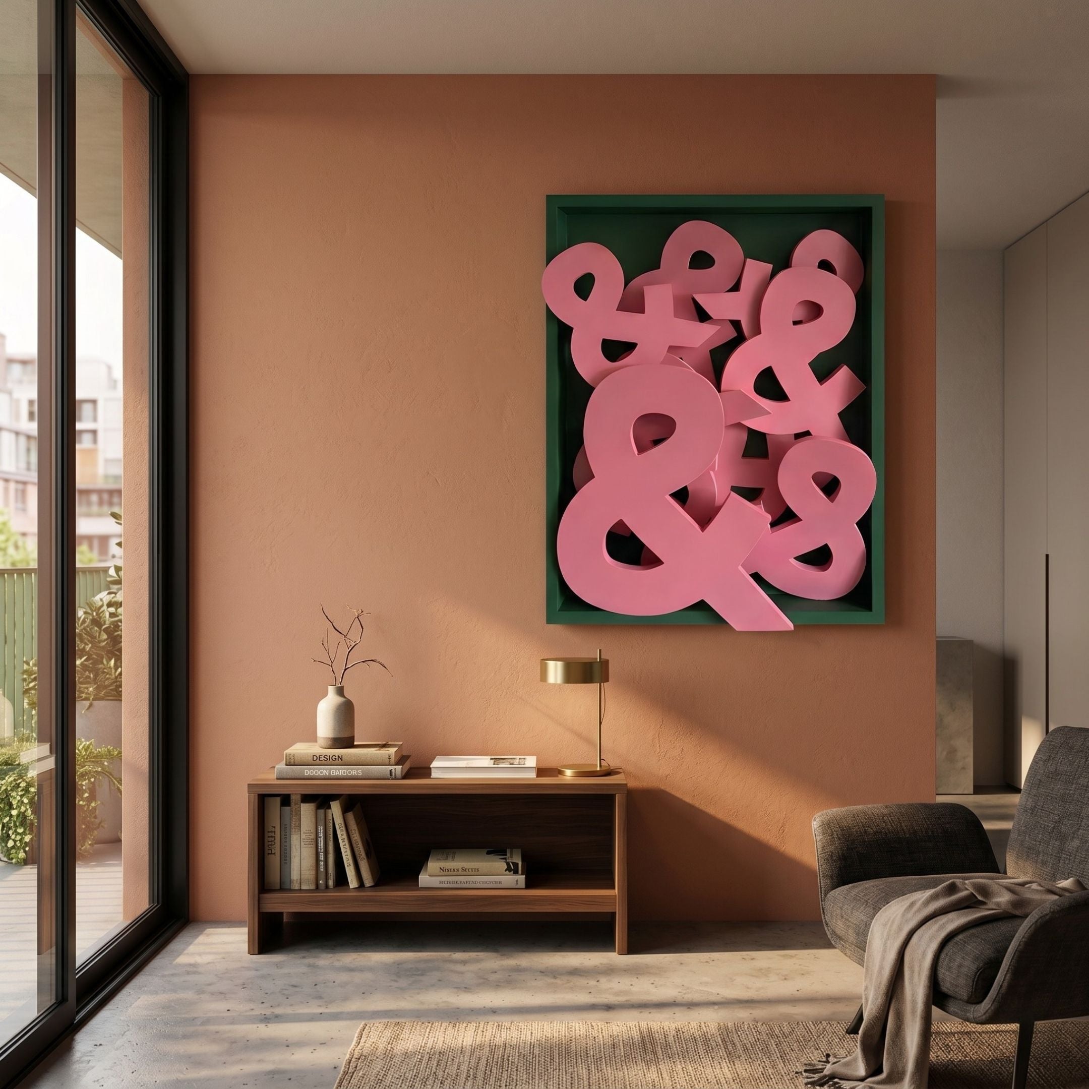 Typova Pink Ampersand Wood Carving 3D Wall Art by Giant Sculptures, with layered pink ampersands in a green tray frame above a wooden console in a terracotta-walled living room.