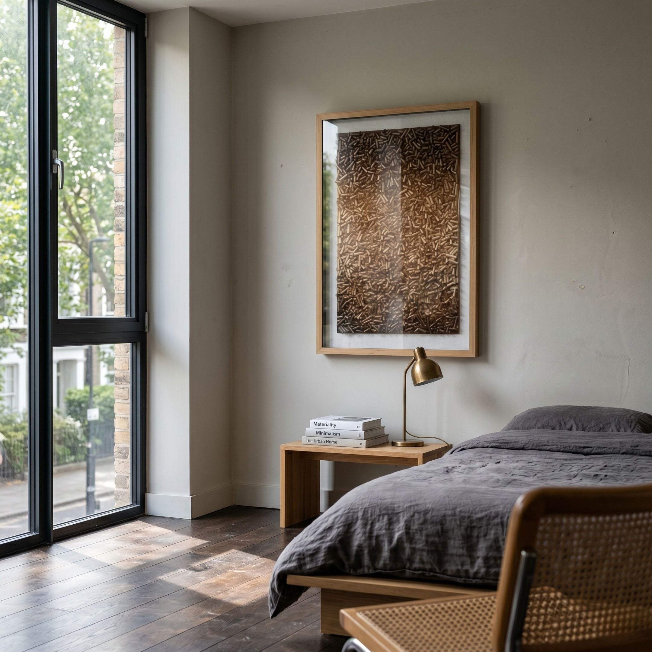 Brivora Golden Bronze Gradient Textured 3D Wall Art in a light-walled bedroom above an oak nightstand with brass lamp and books, beside a tall window.