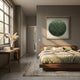 Aureliare Forest Green Rolled Floral Framed 3D Wall Art by Giant Sculptures displayed above a wooden bed in a modern bedroom with linen bedding.