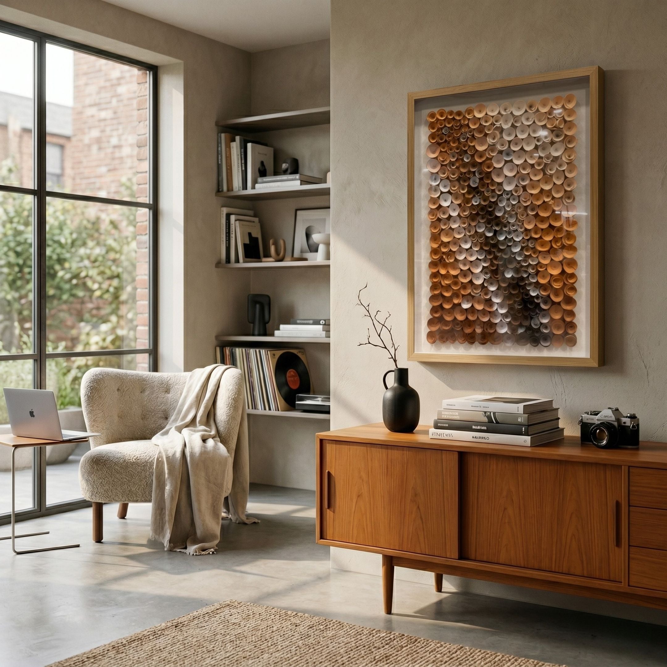 Volaris Terracotta & Grey Rolled Floral Framed 3D Wall Art displayed above a mid-century wood sideboard in a sunlit living room with bouclé armchair.