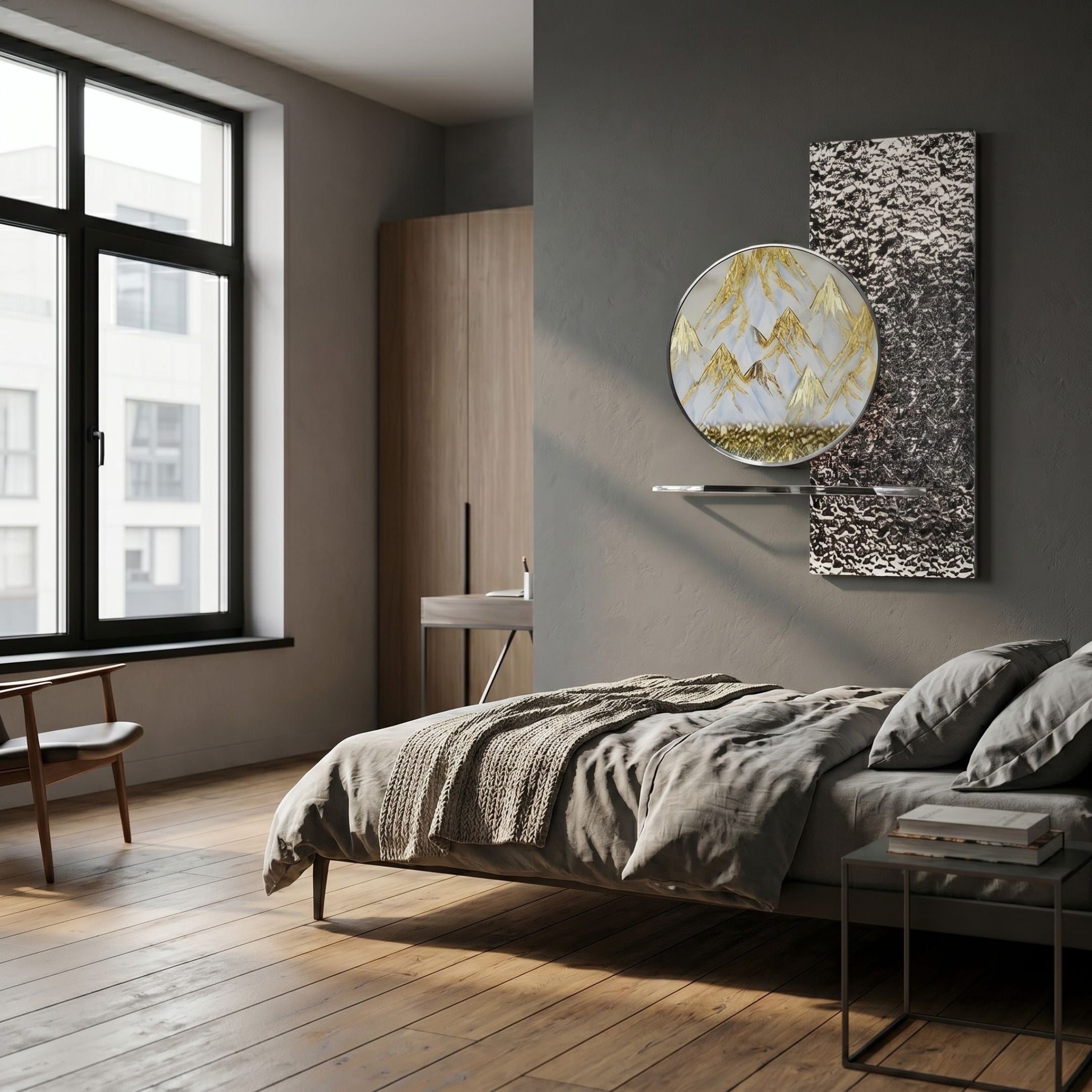 Aurivista Gold Mountain & Silver Abstract Panel 3D Metal Wall Art mounted on a grey bedroom wall above a shelf, beside a bed and wooden wardrobe.