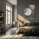 Aurivista Blue & Silver Abstract Circle Panel 3D Metal Wall Art by Giant Sculptures displayed above a bed in a modern grey bedroom with bookshelf.