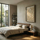 Orraya Golden Shell Disc Layered Framed 3D Wall Art by Giant Sculptures displayed above a wooden bed with linen bedding in a sunlit neutral bedroom.