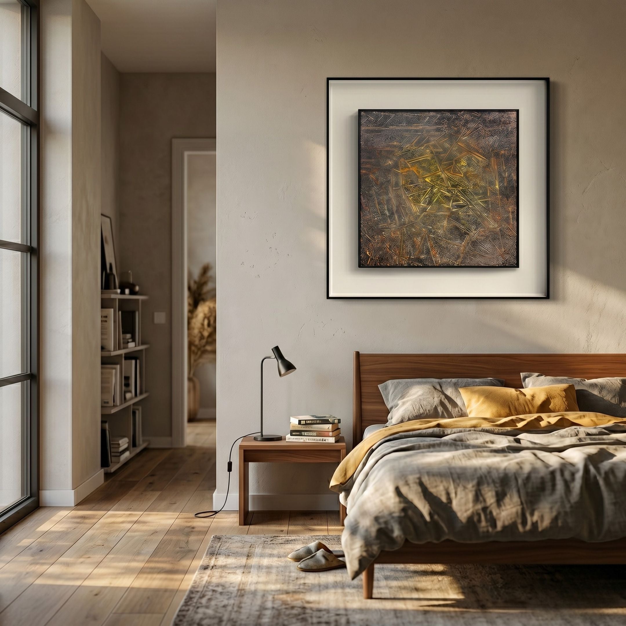 Fiorenze Burnished Geometric Fragment Square 3D Wall Art in black frame above a wooden bed with grey and yellow linens in a sunlit modern bedroom.